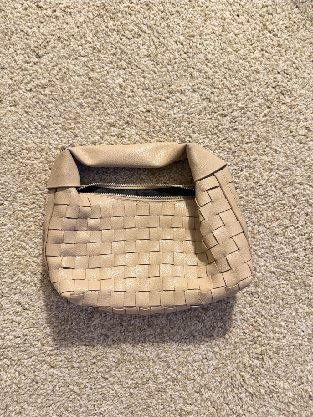 Neutral Woven Leather-Texture Clutch with Top Zip